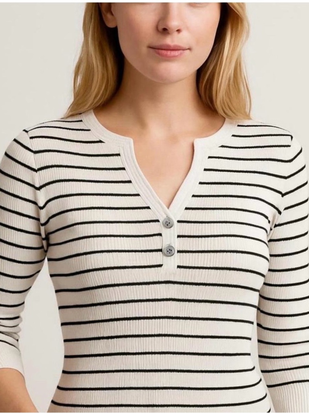 Polo by Ralph Lauren Cream and Black Striped Ribbed Henley Top